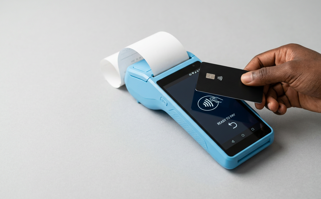 Une main pose une carte bancaire sur le terminal Balar Smart POS cyan qui imprime un reçu